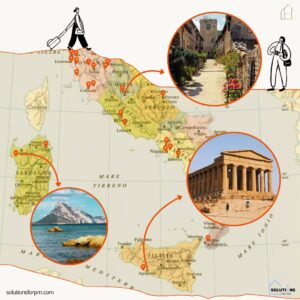 Mappa Italia con destinazioni alternative per il property management: Alghero, Terni, Agrigento, offerte di affitti brevi da Solutions for PM.